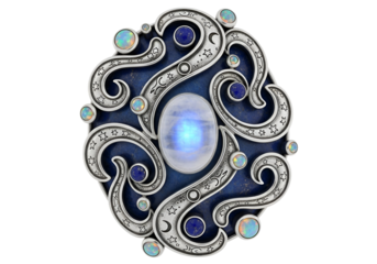 Intricate silver and blue gemstone pendant featuring swirling design and celestial motifs perfect