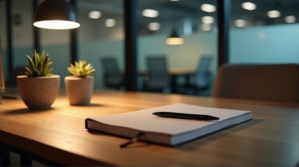 Fototapeta premium Neat wooden desk with leather-bound planner, black pen, and succulent plant in corporate meeting room