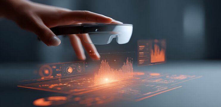 augmented reality desk background with transparent smart glasses projecting hologram charts