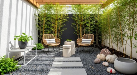 Create a serene outdoor retreat with this modern patio design featuring bamboo, stylish seating, and natural stone accents for relaxation