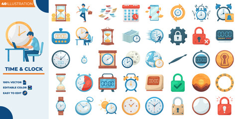 Fototapeta premium Time And Clock Editable illustration set. Vector illustration in modern style of time, clock, date, calendar, schedule, planning etc