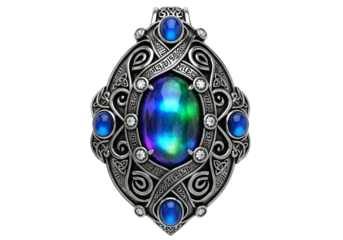 Intricate silver ring with an opal center and blue gemstones showcasing craftsmanship