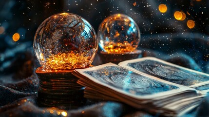 Crystal balls on book with magical light for fantasy storytelling, fortune reading and mystical scene visual conceptual photography