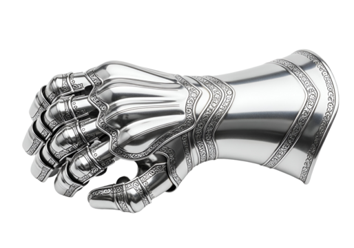 Intricate silver robotic hand sculpture with ornate details on a black background