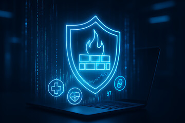 Modern laptop with glowing cybersecurity shield offers data protection and secure digital technology solutions