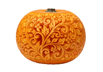 Intricately Carved pumpkin with detailed floral patterns for Halloween or autumn decoration