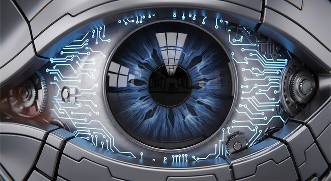 Close up of a futuristic robotic eye with blue glowing circuits and a detailed iris