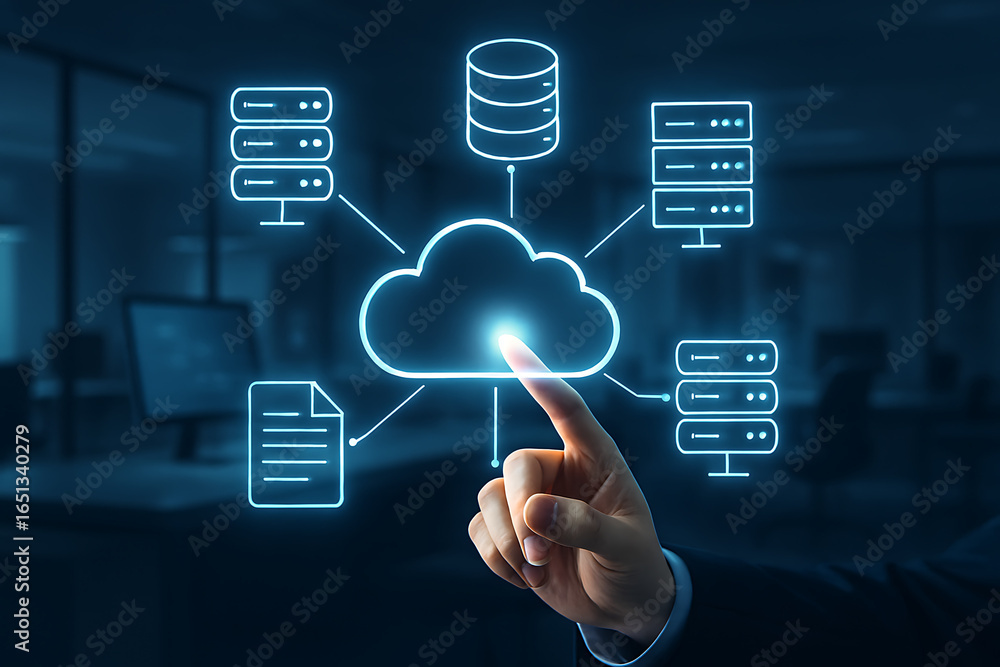 Poster innovative cloud computing solutions connecting people to data with modern technology interface