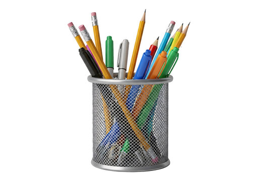 A metal mesh cup filled with a variety of colored pencils pens and markers isolated on transparent background