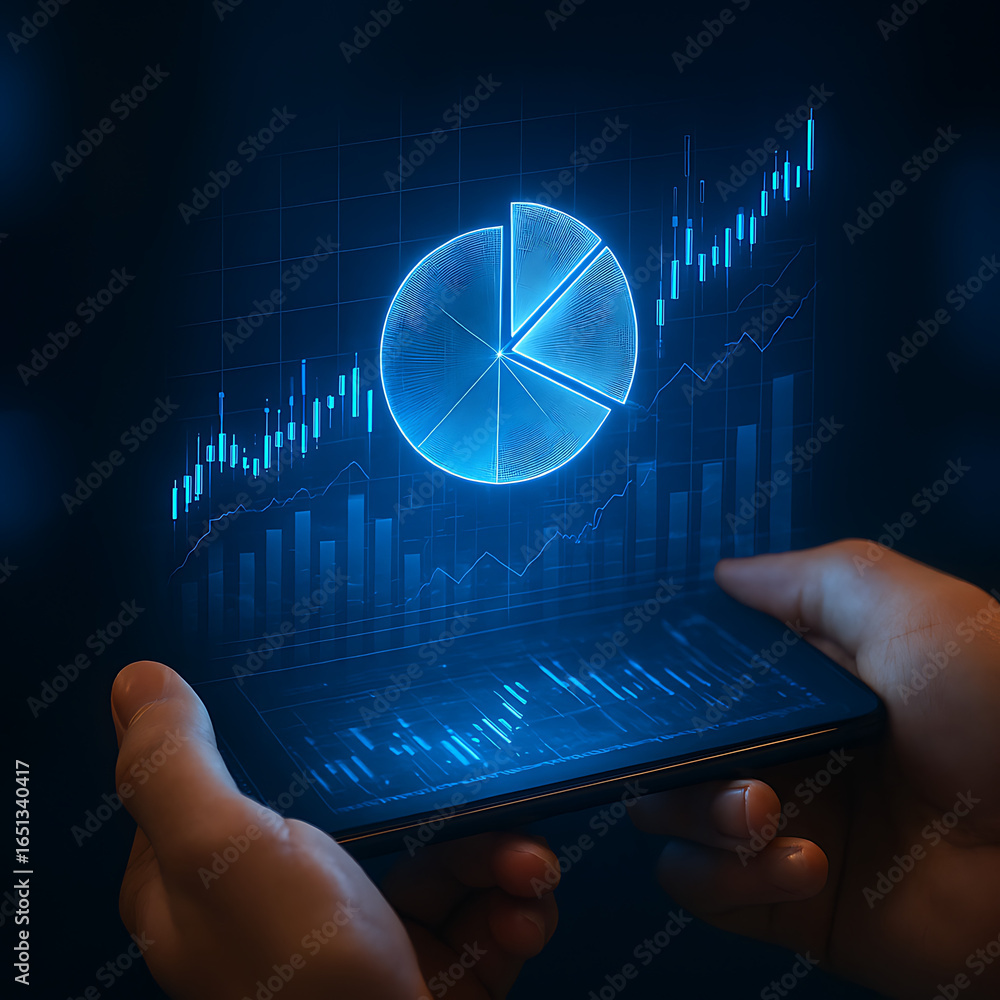 Poster analyzing stock market data on a phone showing charts and graphs for investment decisions