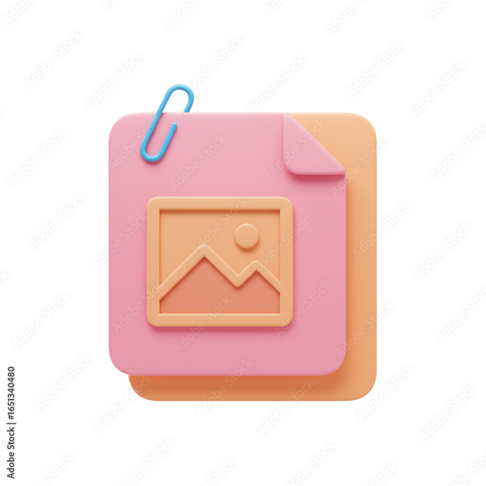 Fototapete 3d rendering of a pink paper stack with a picture frame and a paperclip isolated on transparent back