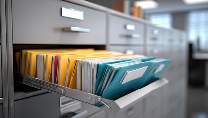 Office filing cabinet drawer open, filled with documents