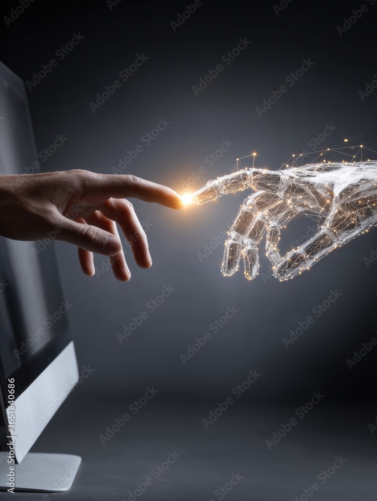 Poster human hand reaches towards digital hand emerging from computer screen representing connection with t