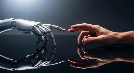 Human and Robotic Hands Touching, Futuristic Concept, Technology, AI, Connection.