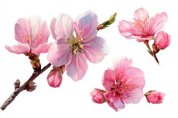 Naklejka premium Hand-Painted Watercolor Illustrations of Sakura Cherry Blossoms in Soft Pink Hues