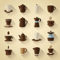 Obraz premium Flat coffee and tea brewing icons set with long shadows.