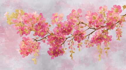 Watercolor Sakura Elegance: Abstract Cherry Blossom Design with Golden Accents for Stylish Prints and Postcards