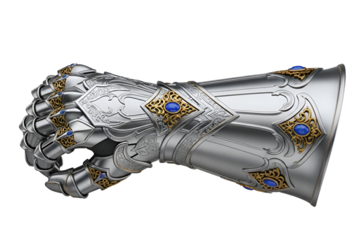Intricately Designed Silver and Gold Gauntlet with Blue Embellishments for Fantasy or Cosplay