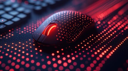 Glowing gaming mouse with red light, textured surface, and keyboard in background
