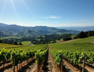 Fototapeta premium A serene vineyard landscape bathed in sunlight, with rows of green grapevines stretching towards distant hills and mountains under a clear blue sky