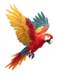 Obraz premium Vibrant macaw in flight against white background