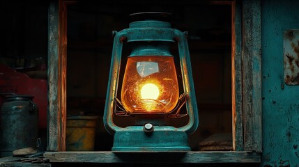 Glowing kerosene lantern in rustic setting, emitting warm light in the darkness