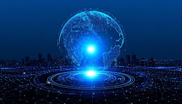 Global network, digital earth, futuristic cityscape