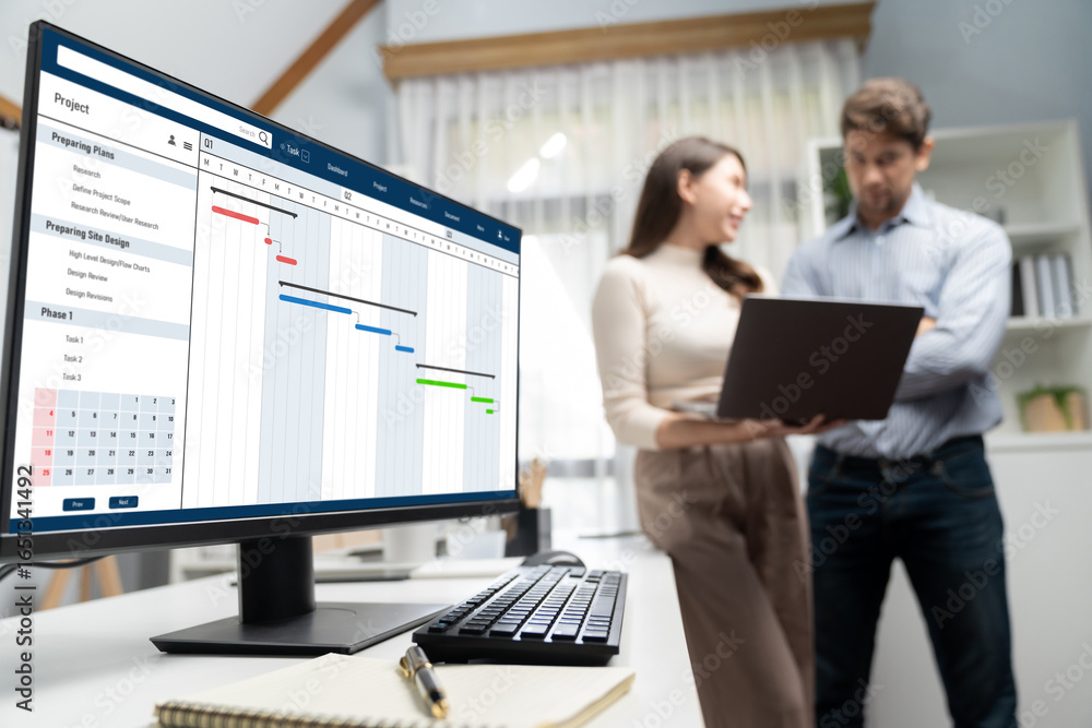 Poster project planning software for brisk business project management on the computer screen showing timel