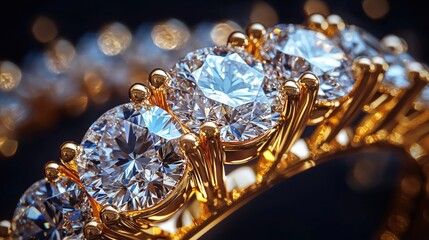 Gold ring with large, bright diamonds, close-up on band; dark bokeh background