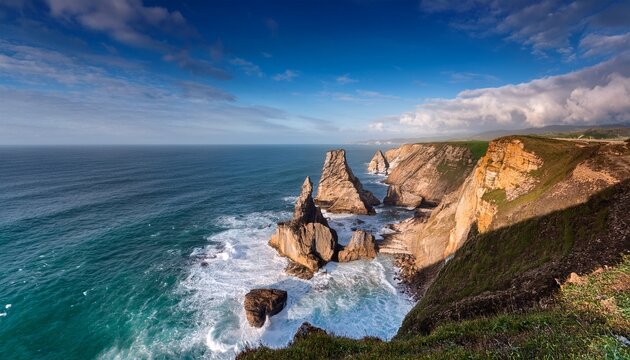 dramatic coastal cliff landscape with azure ocean views rugged rock formations and crashing waves create a serene natural seascape - Powered by Adobe