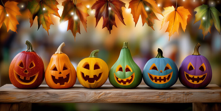 Six cute and funny rainbow Halloween pumpkins with happy smiling carved jack-o'-lantern faces on wooden table under autumn leaves, festive colorful autumn holiday decoration background
