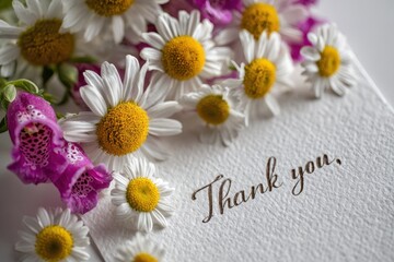 Obraz premium Gratitude Bloom: A Heartfelt Greeting Card Featuring Snapdragons and Daisies with 'Thank You' Text