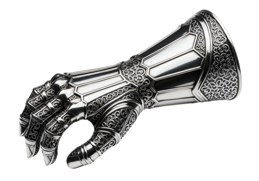 Intricately Designed Silver Hand Sculpture with Ornate Detailing Highlighted in a Dark Background