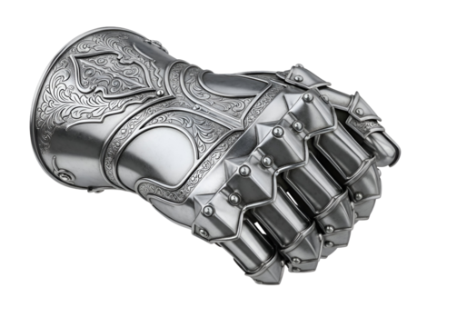 Intricately Designed Silver Robotic Mechanical Hand with Ornate Engraving and Articulated Fingers