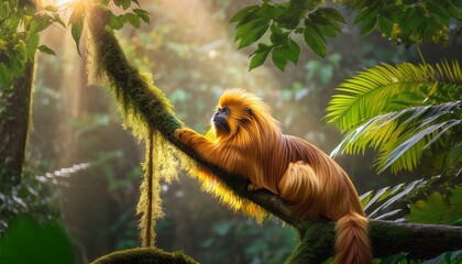 a golden lion tamarin perched on a branch in a dense tropical rainforest its bright golden fur standing out against the lush greenery the morning mist and filtered sunlight create a