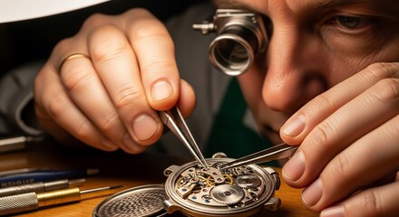Master Watchmaker's Precision: Intricate Mechanical Watch Repair Under Magnifying Loupe
