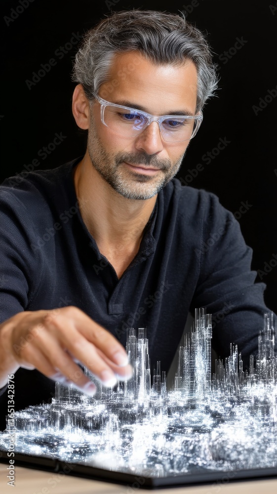 Aufkleber creative director analyzing holographic 3d product model with focused expression in dark setting