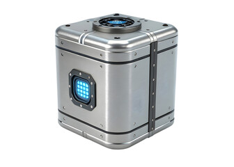 Obraz premium Isometric view of a futuristic metallic cube with a blue screen and round top design