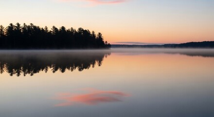Fototapeta premium Misty Lake Sunrise: Serene Reflection of Trees and Sky in Calm Waters