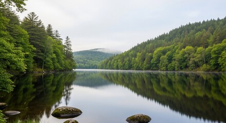 Fototapeta premium Misty Morning Serenity: A Glassy Lake Perfectly Mirroring a Verdant Forest