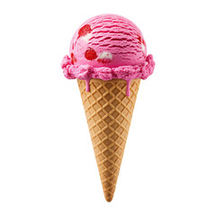 A pink scoop/strawberry flavorof ice cream in a waffle cone.