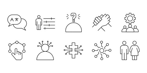 Diversity icon set. Containing equality, human rights, ethnicity, difference, belonging, languages, tolerance, and more. Editable stroke. vector illustration 