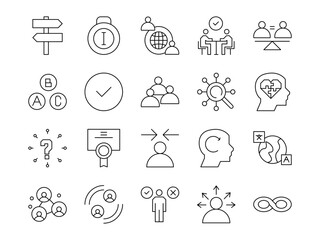 Diversity icon set. Containing equality, human rights, ethnicity, difference, belonging, languages, tolerance, and more. Editable stroke. vector illustration 