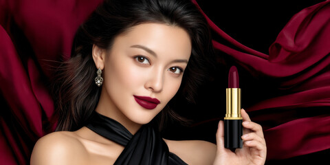 Elegant Portrait of a Model Holding Rich Matte Lipstick Against a Flowing Dark Backdrop