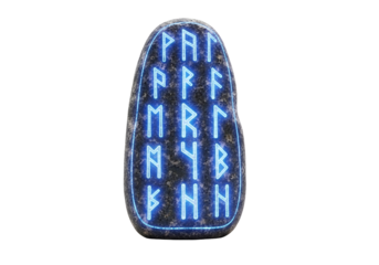 Lit Rune Stones with Blue Neon Glowing Symbols in Darkness for Mystical or Rune Reading Theme