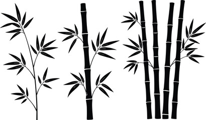 Bamboo Silhouette Illustration—Elegant Black Stalks with Blue Leaves for Zen, Nature, Asian Decor, and Botanical Design Themes
