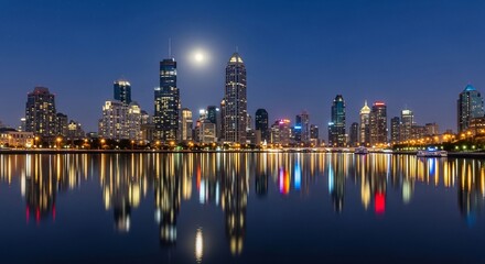Obraz premium Moonlit Metropolis: City Skyline Reflections at Night