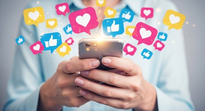 Hands hold smartphone; social media icons float above the screen