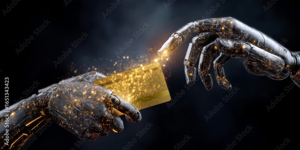 Poster futuristic metallic hands exchanging golden object surrounded by sparkles in dark misty environment
