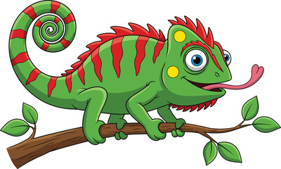Cartoon Chameleon on Branch with Red Stripes and Spiraled Tail—Blue Eyes, Pink Tongue for Kids, Nature, and Animal Illustrations